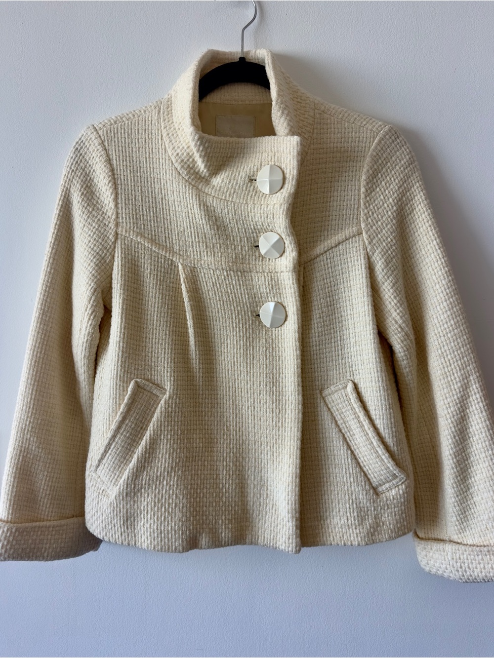 Women's Cream Textured Short Pea Coat with Stand Collar